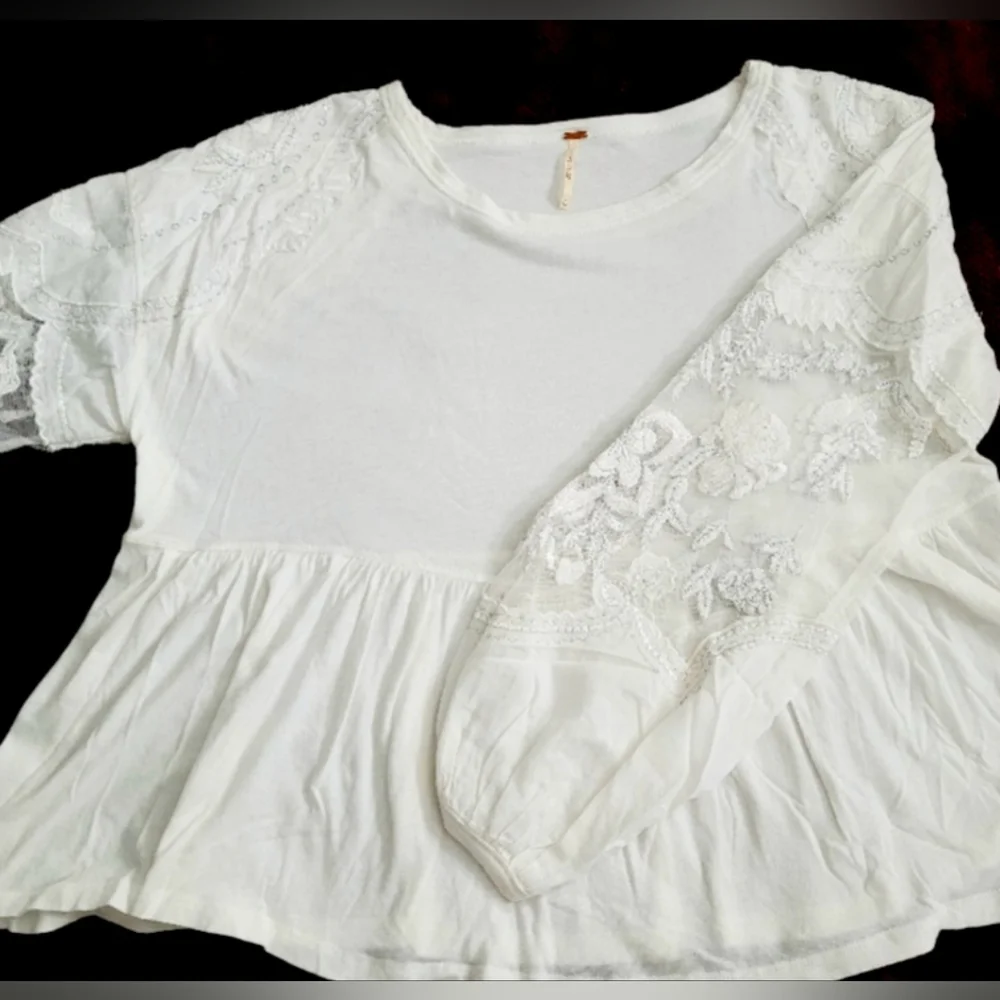 Free People Women Boho Blouse 100% Cotton Embroidered Puff Mesh Peplum Small/Med